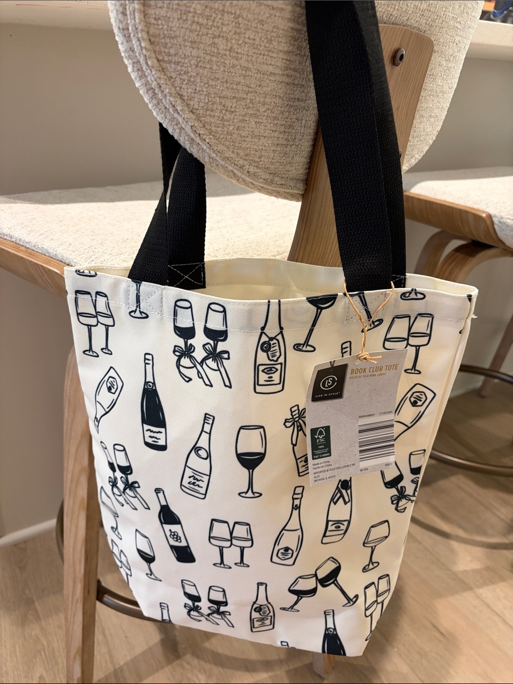 Cream Wine-Print Tote with Black Handles Book Club Tote